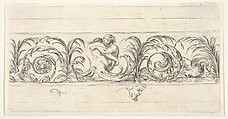 A triton and a siren fighting at center, their legs as scrollwork, a swan to right, the grotesque head of an old man below, plate 6 from "Friezes, foliage, and grotesques" (Frises, feuillages et grotesques), Stefano della Bella Italian, Etching