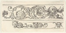 Two friezes; at top, an eagle and the head of a lion, at bottom, a lion head and two grotesque heads of men, plate 7 from "Friezes, foliage, and grotesques" (Frises, feuillages et grotesques), Stefano della Bella Italian, Etching