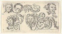 Four grotesque heads with scrollwork, plate 8 from "Friezes, foliage, and grotesques" (Frises, feuillages et grotesques), Stefano della Bella Italian, Etching