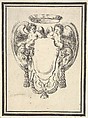 A cartouche flanked by two winged infant satyrs riding on the heads of two rams, plate 12 from "Nouvelles inventions de Cartouches", Stefano della Bella  Italian, Etching