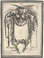 A cartouche formed by drapery and topped with two skeletons atop an Ionic entablature, plate 10 from "Nouvelles inventions de Cartouches", Stefano della Bella Italian, Etching