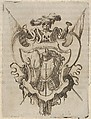 A cartouche with armor, a skull with armor and a helmet with feathers at top, from "Eight Emblems for the Funeral of Francesco de Medici" (Huit emblèmes pour les funérailles du prince François de Médicis), Stefano della Bella  Italian, Etching, letterpress visible on verso