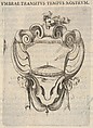 A cartouche with a sundial, a skull with feathers on its head at top, from "Eight Emblems for the Funeral of Francesco de Medici" (Huit emblèmes pour les funérailles du prince François de Médicis), Stefano della Bella  Italian, Etching, letterpress visible on verso