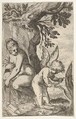 Cupid carves a wooden bow with a file, with his back turned toward Venus, from "Sport of Love" (Scherzi d'amore), Odoardo Fialetti  Italian, Etching