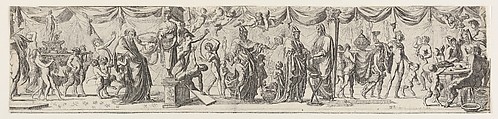 Frieze-like composition of figures walking alongside draped curtains: at left satyrs and children bear a statue of Bacchus on a litter behind an old man (Silenus?), at center two robed satyrs approach a priest, at right Apollo lifts a cup next to satyrs seated at a round table, Pierre Brebiette  French, Etching