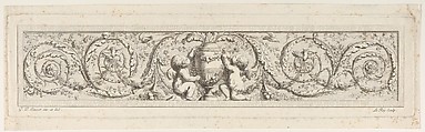 Design for a Frieze with Acanthus Scrolls and a Vase with Two Putti in the Center, Le Roy, Etching