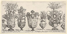 Seven vases, the vase in the middle decorated with the face of Medusa, Plate 1 from "Collection of Various Vases" (Raccolta di Vasi Diversi), Stefano della Bella  Italian, Etching