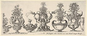 Seven vases, the vase in the middle formed by three infants, each holding an ewer, plate 3 from "Collection of Various Vases" (Raccolta di Vasi Diversi), Stefano della Bella  Italian, Etching