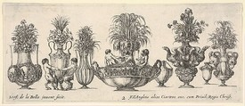 Eight vases, the largest one in the middle with three sculptures in the round of two nymphs and a triton, plate 2 from "Collection of Various Vases" (Raccolta di Vasi Diversi), Stefano della Bella  Italian, Etching