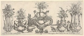 Eight vases, the largest one in center with sculptures of a nymph and a faun, plate 4 from "Collection of Various Vases" (Raccolta di Vasi Diversi), Stefano della Bella  Italian, Etching