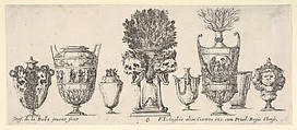 Eight vases, a clepsydra in center decorated with two skulls with laurel wreaths, plate 6 from "Collection of Various Vases" (Raccolta di Vasi Diversi), Stefano della Bella  Italian, Etching