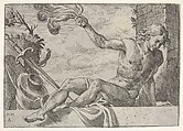 Mars, seated on a wall and holding a flame in his right hand, with armor below, Odoardo Fialetti  Italian, Etching