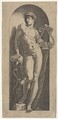 A statue of Apollo, naked standing in a niche, holding a lyre in his left hand and leaning on a tree trunk, Marcantonio Raimondi  Italian, Engraving