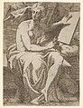 Sibyl seated before an open book upon which she rests her left hand, she twists her face away from the book and holds a vessel in her right hand, Antonio Fantuzzi Italian, Etching