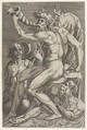 Seated Neptune holding a conch shell to his mouth, accompanied by a seated triton and another emerging from the water at bottom right, Giorgio Ghisi  Italian, Engraving