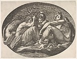 Apollo, Neptune, Pluto, and Athena seated on a cloud under an arch, an oval composition, from a series of eight compositions after Francesco Primaticcio's designs for the ceiling of the Ulysses Gallery (destroyed 1738-39) at Fontainebleau, Giorgio Ghisi Italian, Engraving