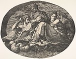 Juno and two goddesses reclining on clouds with two child figures and fruits at right, an oval composition, from a series of eight compositions after Francesco Primaticcio's designs for the ceiling of the Ulysses Gallery (destroyed 1738-39) at Fontainebleau, Giorgio Ghisi Italian, Engraving