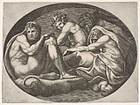 Hercules, Bacchus, Pan, and another god seated on a cloud under an arch, an oval composition, from a series of eight compositions after Francesco Primaticcio's designs for the ceiling of the Ulysses Gallery (destroyed 1738-39) at Fontainebleau, Giorgio Ghisi Italian, Engraving