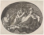 Venus and Cupid and two other goddesses seated on a cloud under an arch and accompanied by a putto, an oval composition, from a series of eight compositions after Francesco Primaticcio's designs for the ceiling of the Ulysses Gallery (destroyed 1738-39) at Fontainebleau, Giorgio Ghisi Italian, Engraving