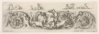 Design for a Frieze with Acanthus Scrolls and a Child flanked by Dogs in the Center, plate 8 from "Decorative friezes and foliage" (Ornamenti di fregi e fogliami), Stefano della Bella Italian, Etching