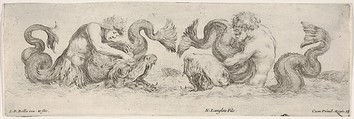 Two Tritons wrestling with other Sea Creatures, plate 13 from "Decorative friezes and foliage" (Ornamenti di fregi e fogliami), Stefano della Bella Italian, Etching