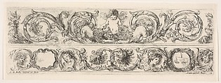 Design for Two Friezes, the One on Top containing a Zephyr flanked by Lions, plate 14 from "Decorative friezes and foliage" (Ornamenti di fregi e fogliami), Stefano della Bella  Italian, Etching