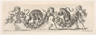 Design for a Frieze with Three Putti holding a Garland and Two Leopards jumping over it, plate 16 from "Decorative friezes and foliage" (Ornamenti di fregi e fogliami), Stefano della Bella  Italian, Etching