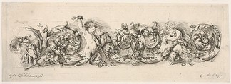 Design for a Frieze with Acanthus Scrolls and Playing Putti and Dogs, plate 12 from "Decorative friezes and foliage" (Ornamenti di fregi e fogliami), Stefano della Bella Italian, Etching