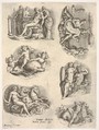 Six subjects after antique cameos: female figures tending to a seated male figure; putti and dolphins; female figure holding the reins of a pair of rearing horses; intertwined naked figures flanked by music-playing satyrs; triton with shield-bearing female figure; naked male figure seated on goat-headed sea creature, Battista Franco  Italian, Etching