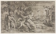 Seated Virgin and Child with Saint John the Baptist and a lamb on a hillside, Orazio Farinati  Italian, Etching