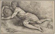 John the Baptist, lying on the ground naked except for a cloth covering his thighs, with his right arm curled around a rock, a reed cross lies on a rock in the foreground, Battista Franco  Italian, Etching and engraving; first proof