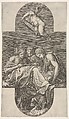 Three Muses seated below a flying putto who grasps a lyre with both hands, a cruciform composition, from a series of eight compositions after Francesco Primaticcio's designs for the ceiling of the Gallery of Ulysses (destroyed 1738-39) at Fontainebleau, Giorgio Ghisi Italian, Engraving