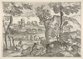 Landscape with bridge traversing a river occupied with three small boats, one of which is encroaching the near river bank, in the foreground are a rocky outcrop and a figure lifting a circular dish above a seated figure, Giovanni Francesco Grimaldi Italian, Etching