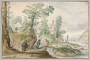 A Wooded River Landscape with a Church and Figures, Hendrick Avercamp (Dutch, Amsterdam 1585–1634 Kampen), Gouache, watercolor, over lead point or graphite, on paper prepared with gouache; framing line in pen and brown ink and gold paint