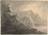 Landscape with hills and a lake, William Gilpin  British, Pen and black ink, brush and gray wash, on buff paper