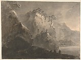 Landscape with hills, a lake, and figures, William Gilpin (British, Scaleby, Cumbria 1724–1804 Boldre, Hampshire), Pen and black ink, brush and gray wash, on buff paper