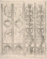 Sheet of border segments: two candelabra and two horizontal pieces with putti, two corners, from Life of the Virgin and Christ, Francesco Rosselli Italian, Engraving