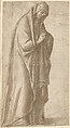 Standing Female Figure (St. Anne; Cartoon for a Painting), Vittore Carpaccio (Italian, Venice 1460/66?–1525/26 Venice), Pen and brown ink, brush and gray-brown wash, over charcoal underdrawing; outlines pricked for transfer, on two glued sheets of paper with overlapping joins