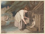 Girl and Pigs, Thomas Gaugain  British, Stipple engraving, printed a la poupée
