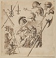 Sheet with Two Figural Compositions and Studies of Helmets and Arms, Jacques de Gheyn II Netherlandish, Pen and brown ink, over black chalk