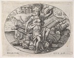 War: Bellona sits on a trophy of arms (La Guerre: Bellone assise sur un trophée d'armes), Etienne Delaune (French, Orléans 1518/19–1583 Strasbourg), Etching