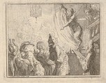 Satyr standing on a stage and pointing downward toward an audience, two jesters gesticulate at lower left, Pierre Hutin  French, Etching