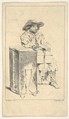 Seated man with box in his lap, he rests his right elbow on a taller box, Edmé Jeaurat French, Etching with engraving