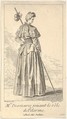 Actress Charlotte Desmares playing the role of a pilgrim, shown from behind with her head turned toward the right, she holds a walking stick, scallop shells adorn her cape, Louis Desplaces  French, Etching with engraving