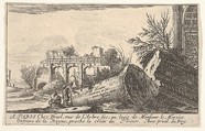 A man reaches toward a fallen column, a seated man beside him, trees and ruins beyond, frontispiece from "Views of Italy" (Vues d'Italie), Israel Silvestre  French, Etching