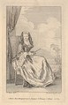 A seated woman holding a closed fan before a drawn curtain, a tree and sky beyond, Henri Simon Thomassin  French, Etching with engraving