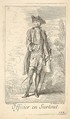Man in officer's dress, with sword hanging at left hip, shown in frontal view with his head turned toward the left, trees beyond, Louis Desplaces  French, Etching with engraving