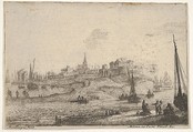 View of a peninsula with figures and ships with bare masts, in the right foreground five figures congregate around two barrels, town buildings beyond, Matthijs van Plattenberg Flemish, Etching