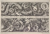 Two Designs for Friezes, of which one has a Round Portrait Medaillon, from "Frises, feuillages ou tritons marins antiques et modernes", Jean Le Pautre French, Etching; first state