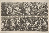Two Designs for Frieze Decorations with Sea Creatures, of which one features Neptune and Amphitrite, from "Frises, feuillages ou tritons marins antiques et modernes", Jean Le Pautre French, Etching; first edition
